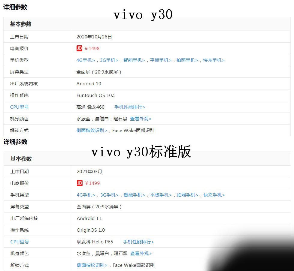 vivoy30和vivoy30标准版有什么区别